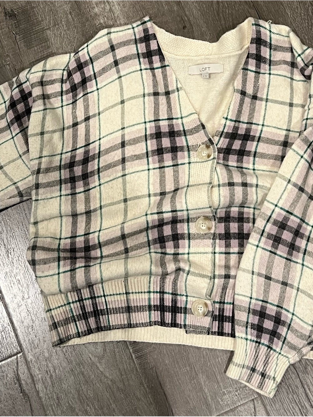 LOFT Cream Plaid Cardigan with Pink and Green Accents